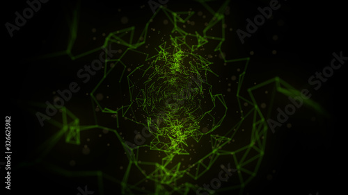 Abstract illustration black background transformation low poly triangular plexus digital evolution future technology graphic animation network decentralize communication connection.