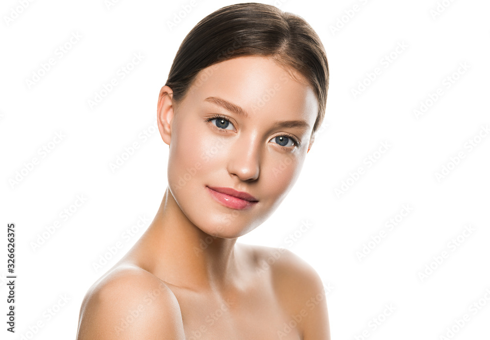 Woman face clean skin fashion natural make upbeauty model isolated on white Woman face clean skin fashion natural make upbeauty model isolated on white