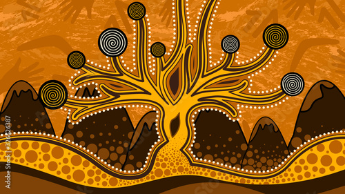 Tree on the hill, Aboriginal art vector painting depicting nature