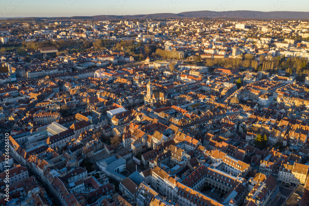Aerial view of French medieval city, old buildings and cityscape in Besancon, France