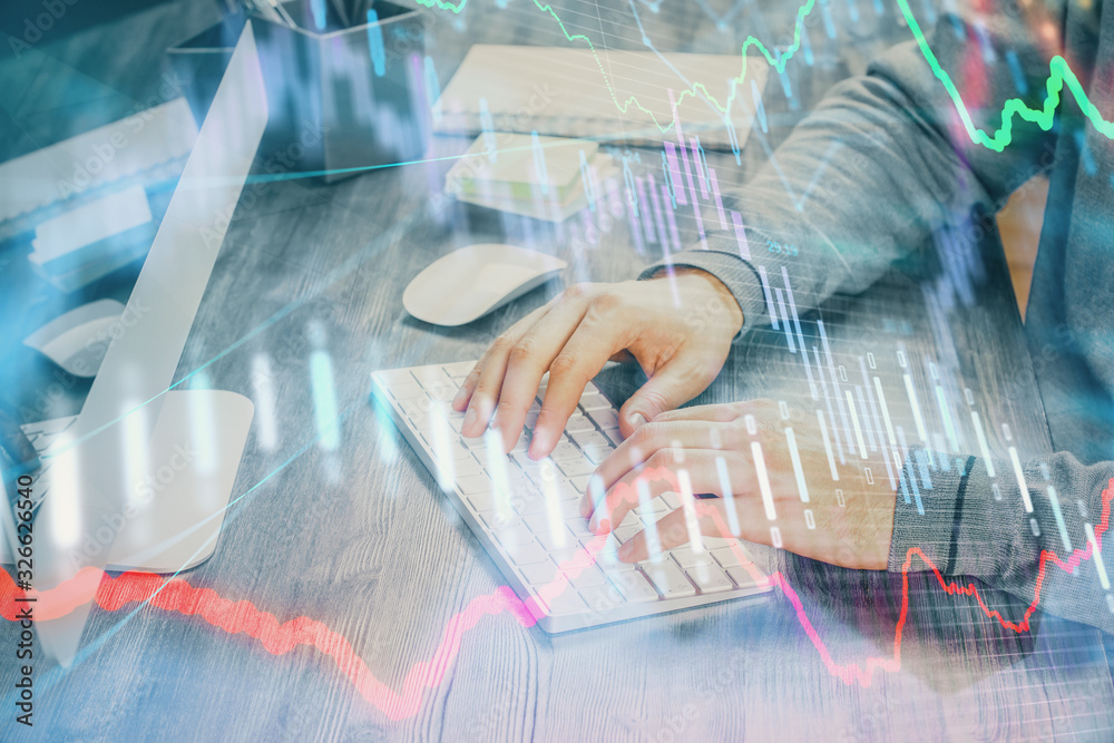 Double exposure of financial graph with man works in office on background. Concept of analysis. Double exposure of financial graph with man works in office on background. Concept of analysis.