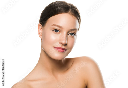 Woman face clean skin fashion natural make upbeauty model isolated on white photo