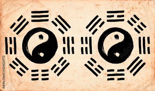 Eight trigrams Bagua on old paper texture Earlier Heaven and Later Heaven arrangemet Feng shiu Ying Yang symbol photo