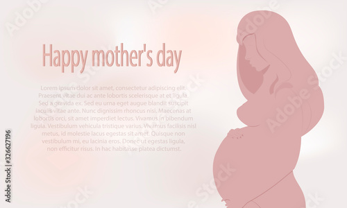 Greeting card banner for mother's day. A silhouette of a pregnant woman tenderly hugging her belly. Vetkor. Flat cartoon style.