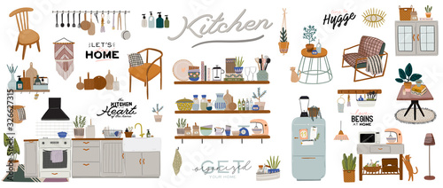 Stylish Scandinavian living room interior.  Female clothes in closet or wardrobe. Clothing organization and storage. Vector illustration