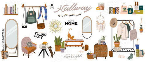 Stylish Scandinavian living room interior.  Female clothes in closet or wardrobe. Clothing organization and storage. Vector illustration