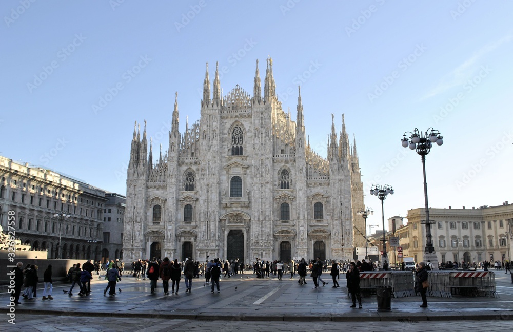 Obraz premium Old medieval Italian city Milan urban architecture cityscape cathedral Duomo building history details background