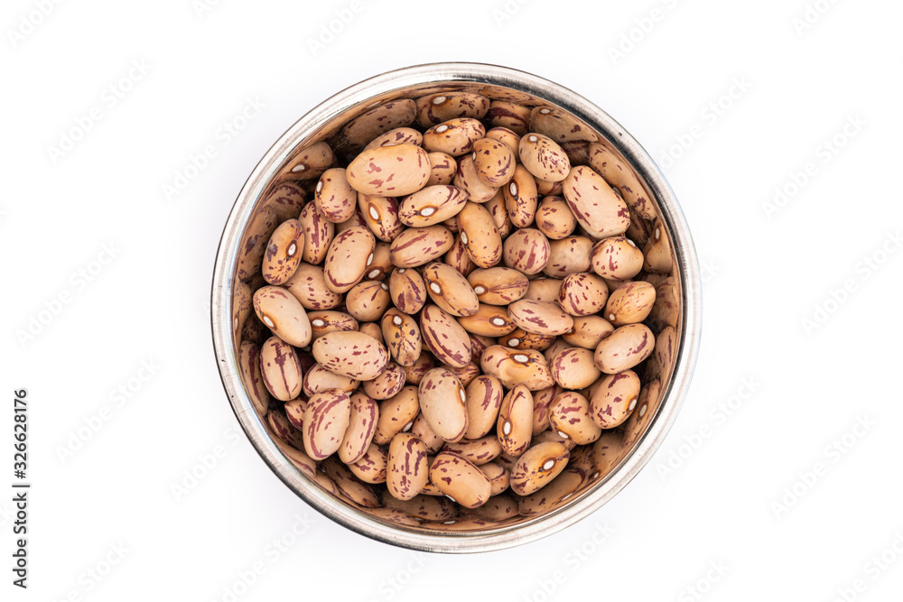 Dried Borlotti Beans from above in a stainless steel bowl, isolated on a white background. Healthy ingredient used in soups and casseroles. Naturally preserved legumes with long shelf life. Dried Borlotti Beans from above in a stainless steel bowl, isolated on a white background. Healthy ingredient used in soups and casseroles. Naturally preserved legumes with long shelf life.