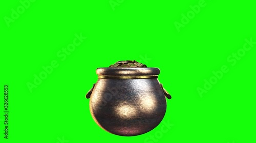 Shamrock. St. Patrick's Day symbols pot of gold background. Patrick Day coins with shamrock leaf. Patrick Day pub party.  Alpha channel