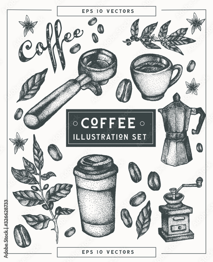 Coffee hand drawn elements set. Collection of isolated vintage graphic ...