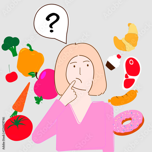 Picture of choosing between healthy food and harmful food. Girl can not choose a diet. Vector illustration for nutritionists.