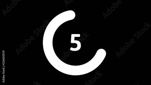Minimal countdown timer with tailed lines circling counterclockwise from 10 to 0 seconds. White on balck. Isolated animation. photo