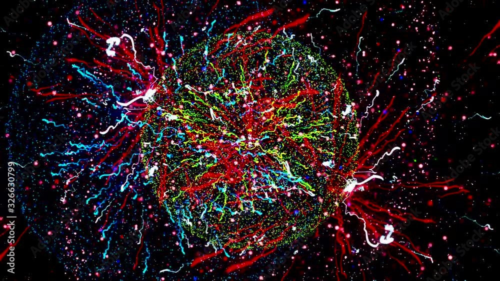 Abstract endless explosion of energy spheres with millions of impulses on black background, seamless loop. Animation. Energetic charges of bright colors.