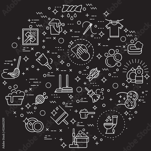 Simple Set of housework and clean Related Vector Line Illustration. Contains such Icons as squeegee, bucket, laundry and dish washing and more. Modern style line drawing and background color black