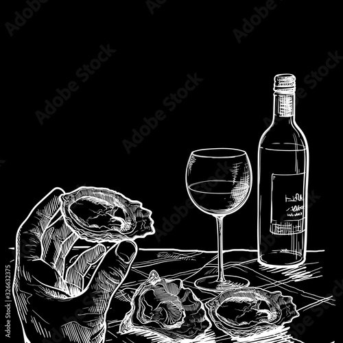 Still life drawing witha a hand holding oyster bottle of white wine and a couple of oysters laying on a table. Template for a restaurant menu. Chalk on a blackboard. EPS10 vector illustration