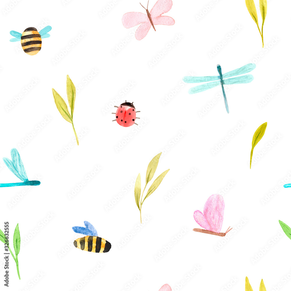 Seamless pattern of watercolor bugs