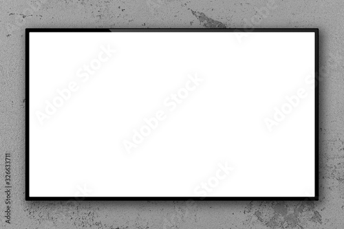 Empty blank tv screen on concrete wall, 3D rendering