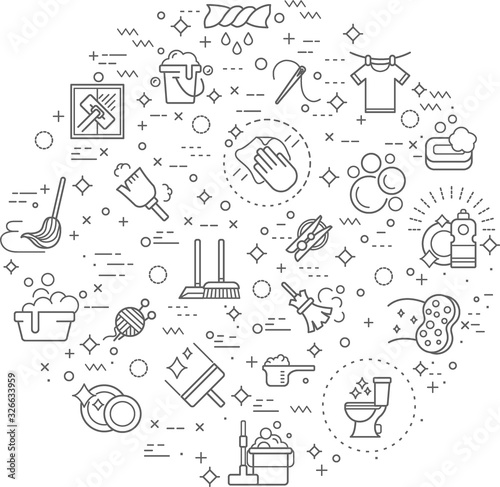 Simple Set of housework and clean Related Vector Line Illustration. Contains such Icons as squeegee, bucket, laundry and dish washing and more. Modern style line drawing and background color white