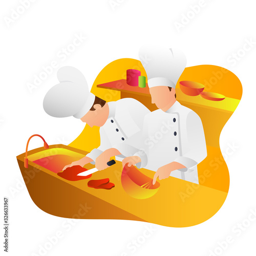 Two chef are preparing a dish in the kitchen