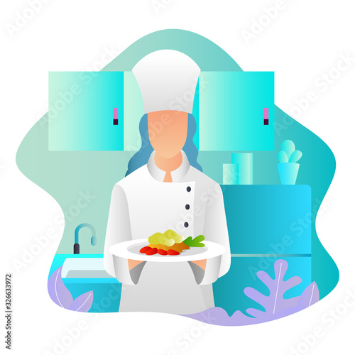 A female chef is presenting the results of her cooking