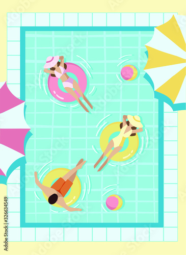 a pool party, a poster for a party, people swim in the pool