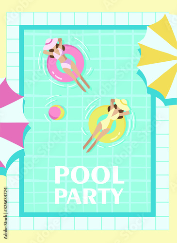 a pool party, a poster for a pool party with an inscription, people swim in the pool