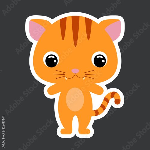 Children s sticker of cute little cat. Domestic animal. Flat vector stock illustration