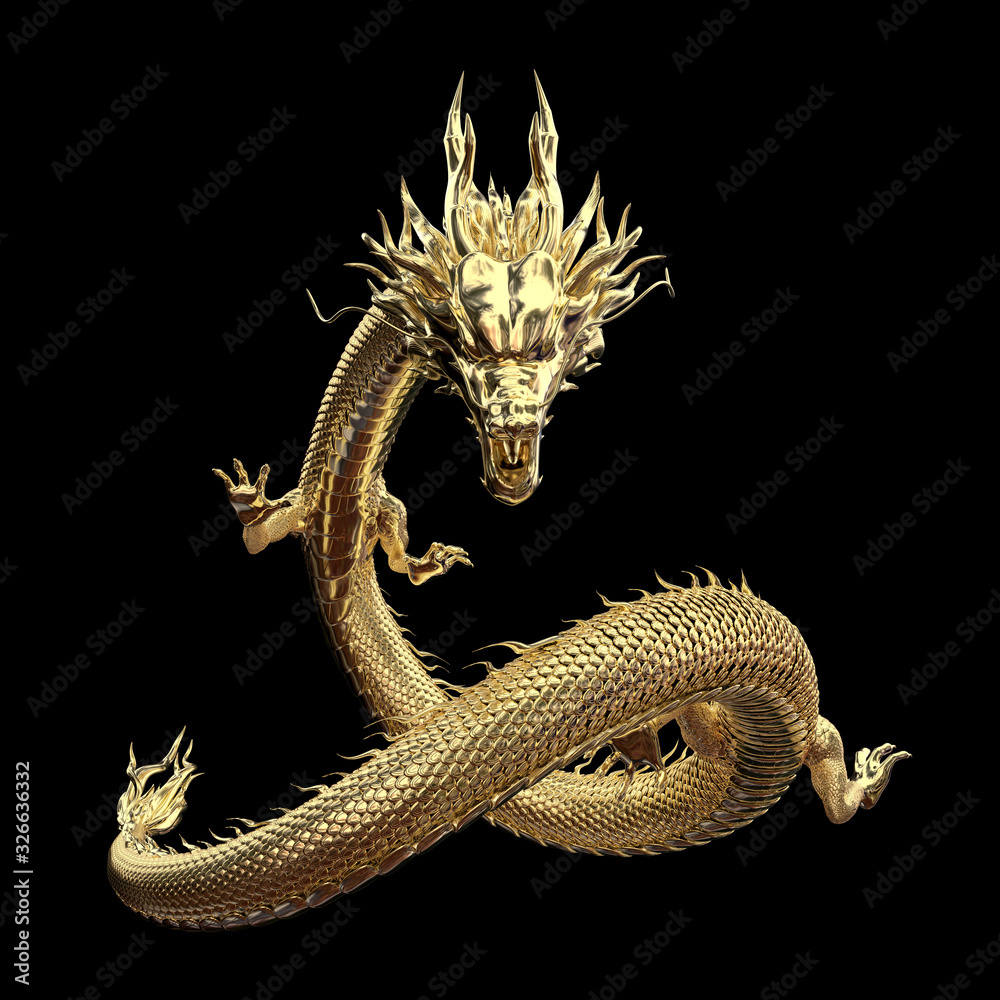 Fototapeta Full body gold dragon in smart pose with 3d rendering include alpha path.