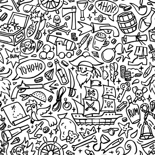 Doodle hand-drawn illustration. The pirates and their attributes. Seamless pattern.