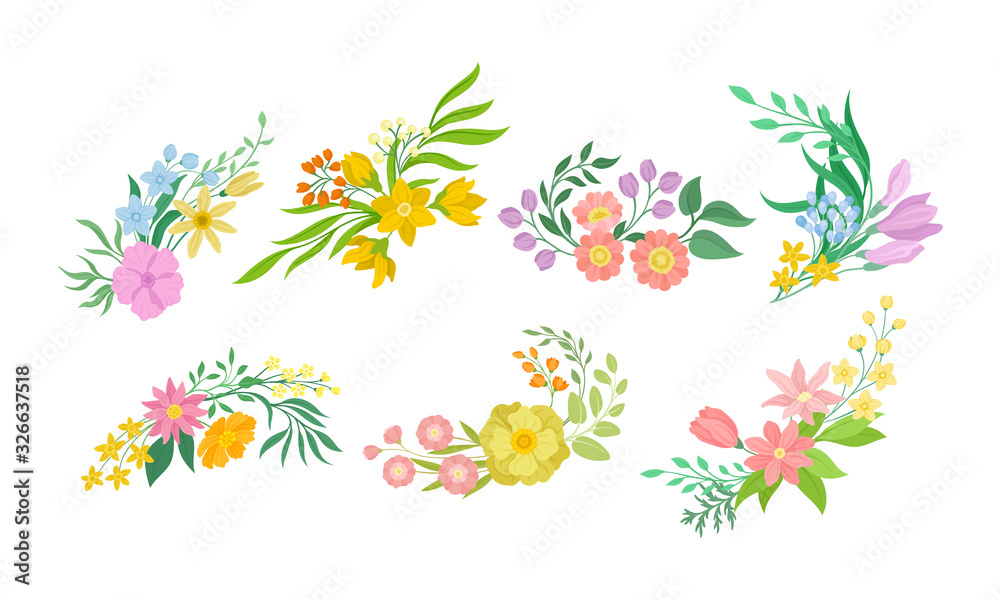 Floral Arrangement with Twigs and Flowers for Corner Decoration Vector Set