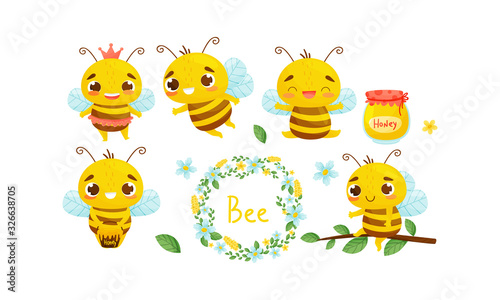 Cute Striped Bee Characters Gathering Honey in Pots Vector Set