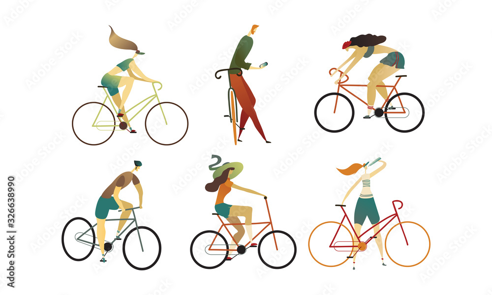 Naklejka premium People Wearing Sportive Wear Riding Bikes Vector Set