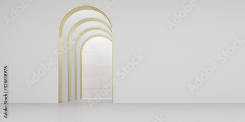 Fototapeta Naklejka Na Ścianę i Meble -  View of empty white room with arch design and concrete floor,Museum space, Chapel entrance, Perspective of minimal architecture. 3D render.