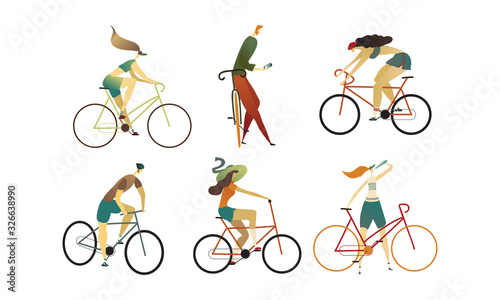 People Wearing Sportive Wear Riding Bikes Vector Set