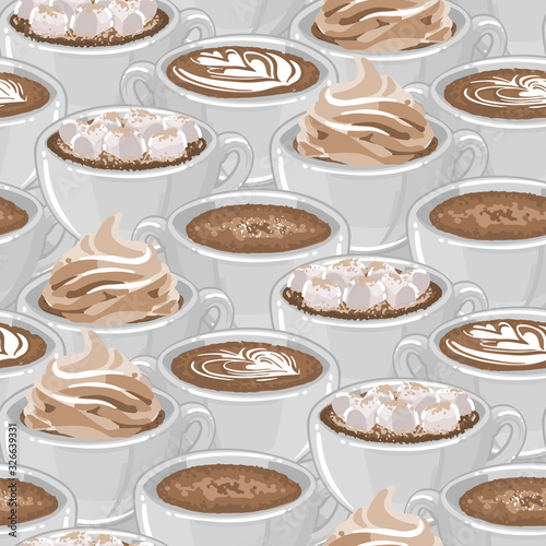 Round cups of coffee, cacao or hot chocolate with milk botanical art, whipped cream and marshmallows.