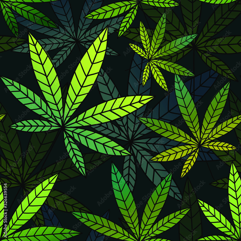 Seamless vector pattern with marijuana leaves in dark green color.