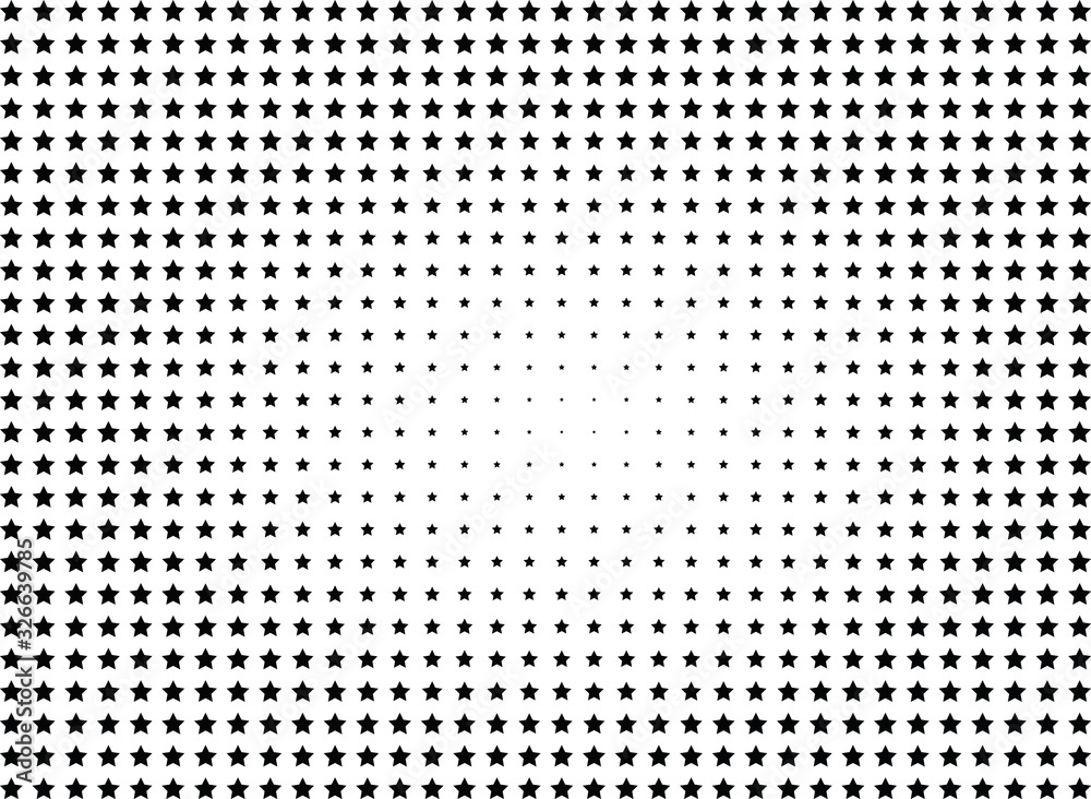 Abstract halftone dotted background. Monochrome pattern with stars.  Vector modern futuristic texture for posters, sites, business cards, postcards, labels, cover, stickers. Design mock-up layout.