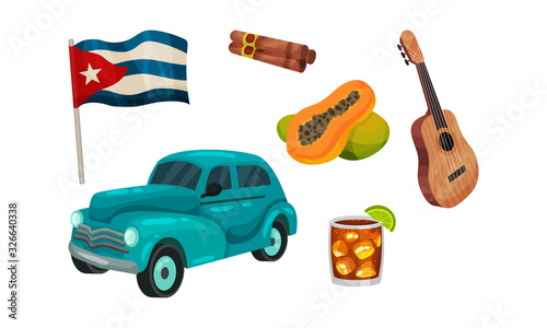 Cuba Attributes and Stuff with Cigars and Guitar Vector Set