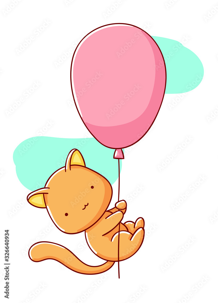 Cute cat flying in a hot air balloon cartoon cute Hello hand-drawn ...