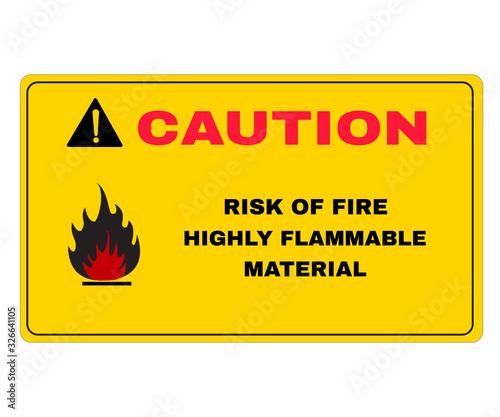 Prevention signs, Yellow caution board with message risk of fire highly flammable material, beware and careful sign, warning symbol, vector illustration.