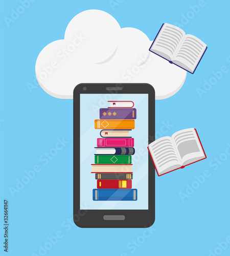 Flat vector illustration of online reading, learning or education concept. Stack of books into the mobile phone and flying books on blue background with big white cloud.