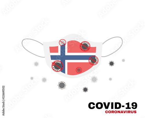 Medical face mask with symbol of norway flag to protect Norwegian people from coronavirus or Covid-19, virus outbreak protecton concept, sign symbol background, vector illustratioin.