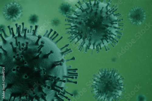 Coronavirus cells in green background concept. 3D CGI render artwork. photo