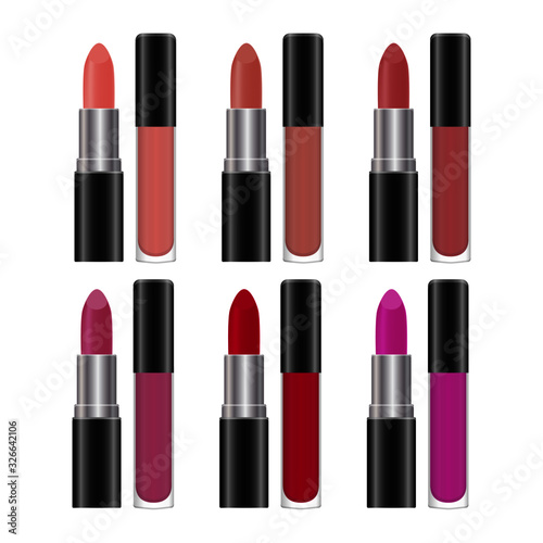 Spilled colorful lip gloss with applicators background. Makeup cosmetic products. Set of color lipsticks. Pink, red, brown and purple lipstick heads. Liquid matte lipstick palette. Vector illustration