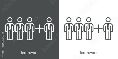 Concepto de negocios. Símbolo de añadir en trabajo en equipo. Icono plano lineal en fondo gris y fondo blanco