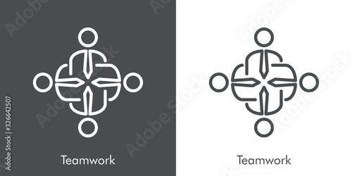 Símbolo trabajo en equipo. Icono plano lineal grupo de gente formando una cruz en fondo gris y fondo blanco
