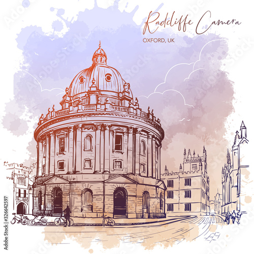 Radcliffe Camera. Westminster, London, UK. Excellent example of the Palladian architecture. Vintage design. Linear sketch on a watercolor textured background. EPS10 vector illustration