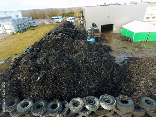 Tires recycle. Drone footage. Lithuania.