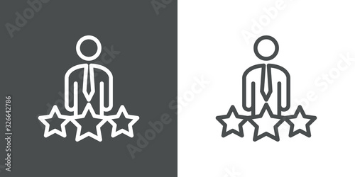 Símbolo evaluación. Icono plano hombre de negocios sobre estrellas en fondo gris y fondo blanco
