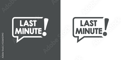 Logotipo con texto LAST MINUTE en burbuja de habla en fondo gris y fondo blanco